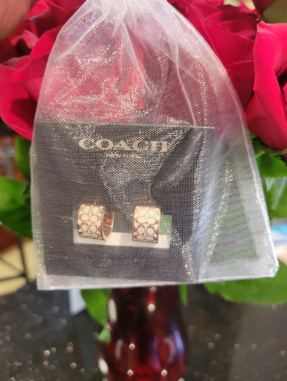 Coach Signature "C" Cream & Rose Gold Hoop Earrings - Picture 6 of 6